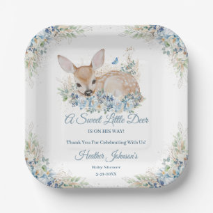 Assiettes En Carton Bleu et beige Baby shower aux cerfs