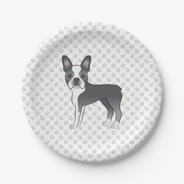 Assiettes En Carton Bleu Et Blanc Boston Terrier Cartoon Chien & Paws (Devant)