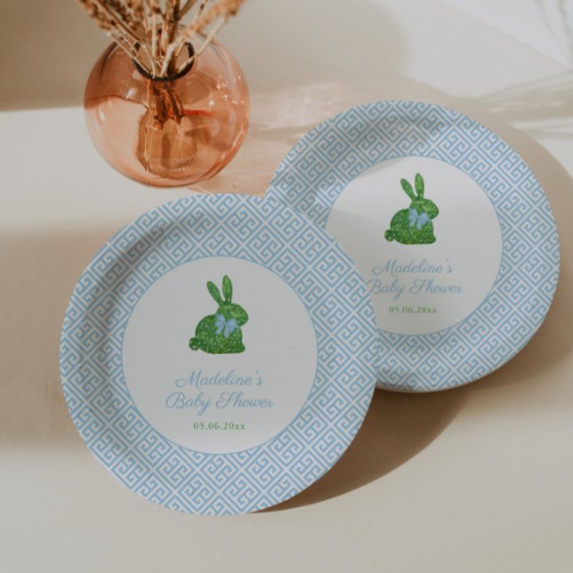 Assiettes En Carton Bleu Et Blanc Boxwood Bunny Boy Baby shower Party (Preppy blue and white boxwood bunny baby boy shower or boy 1st birthday baptism party paper plates)