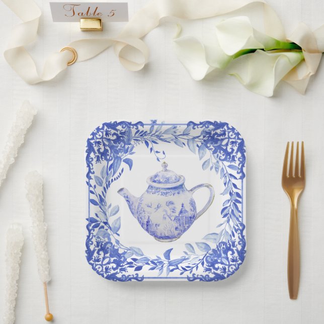 Assiettes En Carton Bleu et blanc Fête des mariées florale (Mariage)