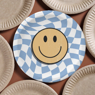 Assiettes En Carton Bleu et blanc Retro À damiers Anniversaire Garçon
