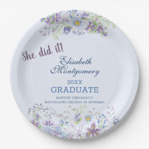 Assiettes En Carton Bleu et Lavande Floral Graduation Party