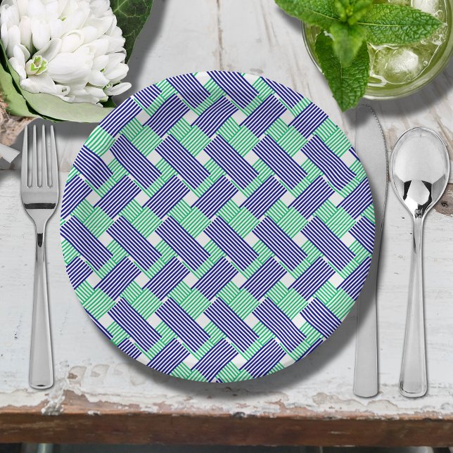 Assiettes En Carton Bleu et vert de la marine (Blue and green diagonal stripes paper plates)