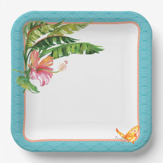 Assiettes En Carton Bleu et vert Tropical Feuille Plaque de papier flo