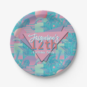 Assiettes En Carton Bleu été Vaporwave coucher de soleil Anniversaire