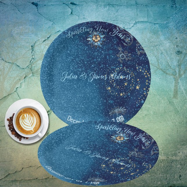 Assiettes En Carton Bleu étincelant Nouvel An Parties scintillant Étoi (Blue Sparkling New Year Glitter Stars Floral Party Paper Plates)