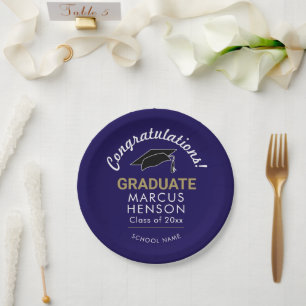 Assiettes En Carton Bleu Félicitations Diplômé Cap de Graduation