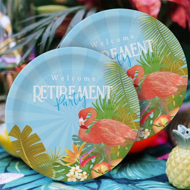 Assiettes En Carton Bleu Flamant rose retraite (Flamingo Retirement Blue Party Plate)