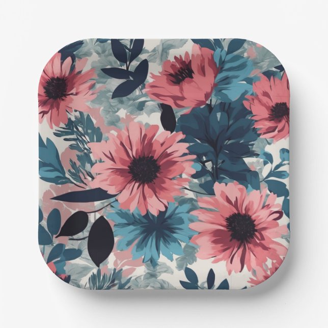 Assiettes En Carton Bleu floral (Recto)