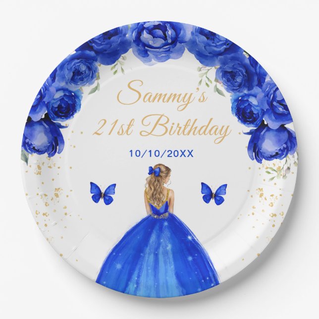 Assiettes En Carton Bleu foncé Blonde cheveux Princess Anniversaire (Devant)
