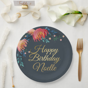 Assiettes En Carton Bleu foncé, Élégant, Fleurs Whimsical, Accent Or