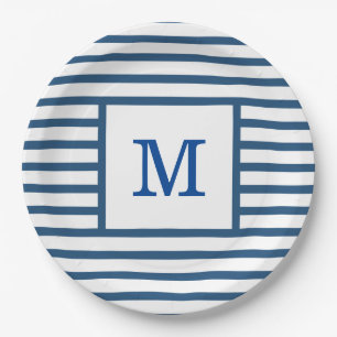 Assiettes En Carton Bleu foncé et Blancs Monogramme personnalisé