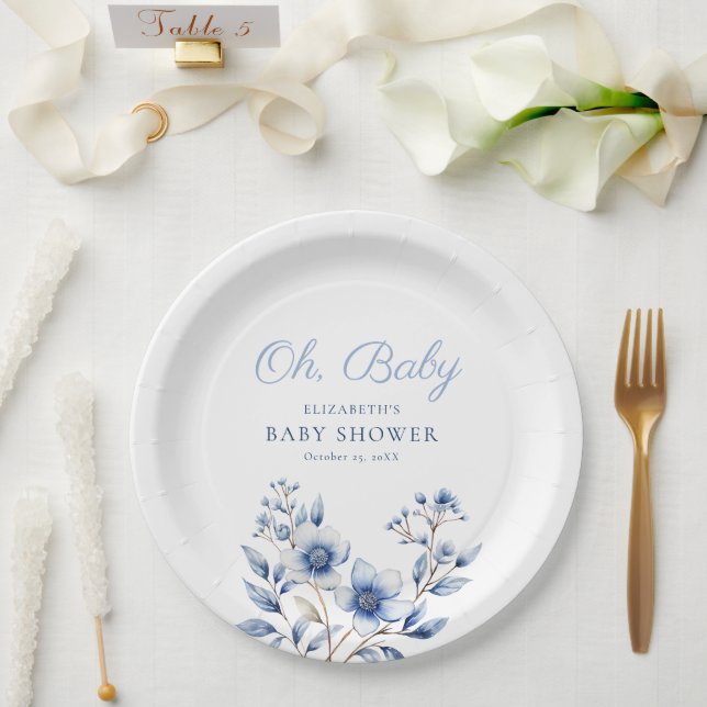 Assiettes En Carton Bleu foncé et Dusty Fleurs sauvages Oh Baby shower (Mariage)