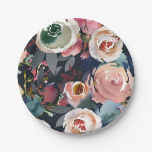 Assiettes En Carton Bleu foncé et rose blush aquarelle florale mariage