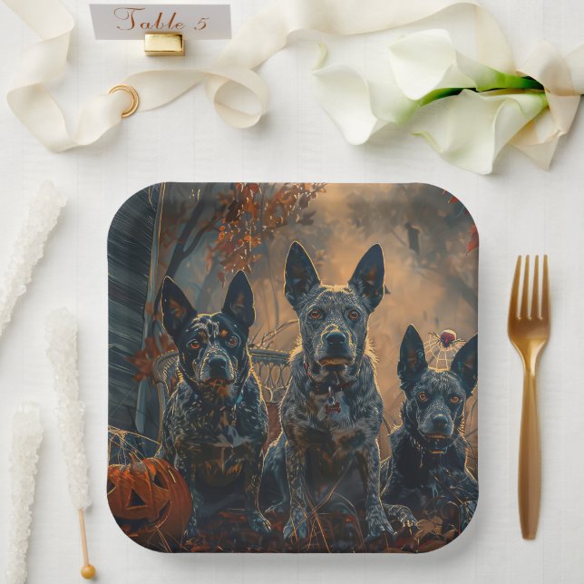 Assiettes En Carton Bleu Heeler Halloween nuit chien délice (Mariage)