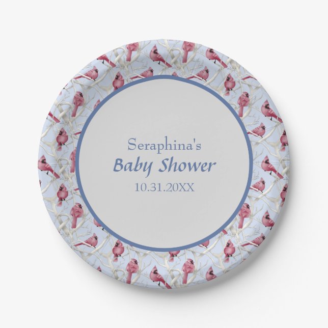 Assiettes En Carton Bleu Hiver Bois Cardinal Birds Baby shower (Devant)