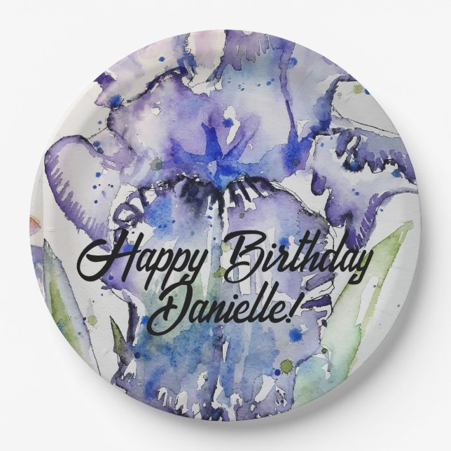 Assiettes En Carton Bleu Iris Aquarelle Joyeux Balloon d'anniversaire (Devant)