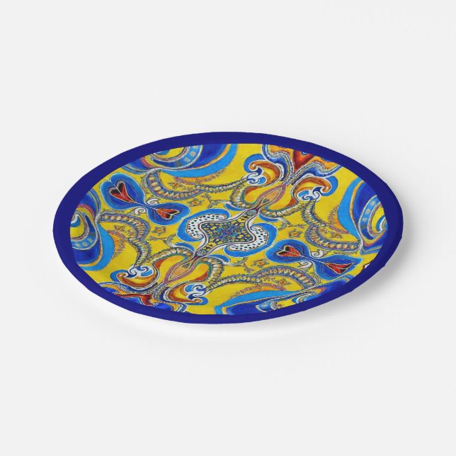 Assiettes En Carton Bleu jaune motif bleu artsy bold (Angle)