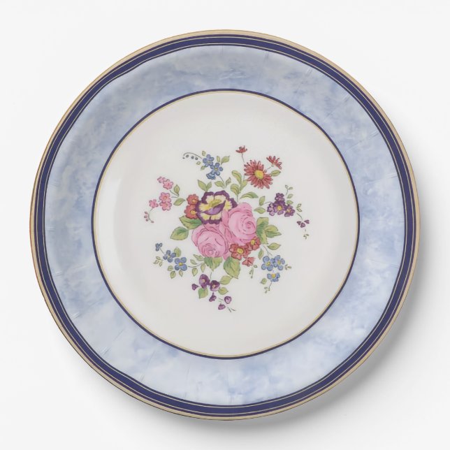 Assiettes En Carton Bleu Marbre Bordure Rose Floral Jardin Tea Party (Devant)