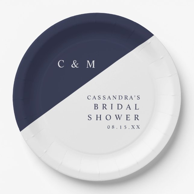 Assiettes En Carton Bleu marine élégant Chic Monogramme Shower de mari (Devant)