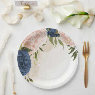 Assiettes En Carton bleu marine fleurs vert feuille mariage