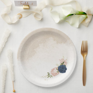 Assiettes En Carton bleu marine fleurs vert feuille mariage