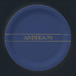 Assiettes En Carton Bleu marine & nom de famille Or ou Entreprise<br><div class="desc">Design moderne personnalisable avec votre nom ou tout autre texte,  modifiez comme vous le souhaitez !</div>