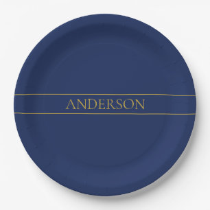 Assiettes En Carton Bleu marine & nom de famille Or ou Entreprise 
