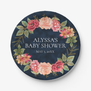 Assiettes En Carton Bleu marine rose rouge floral personnalisé Baby Sh