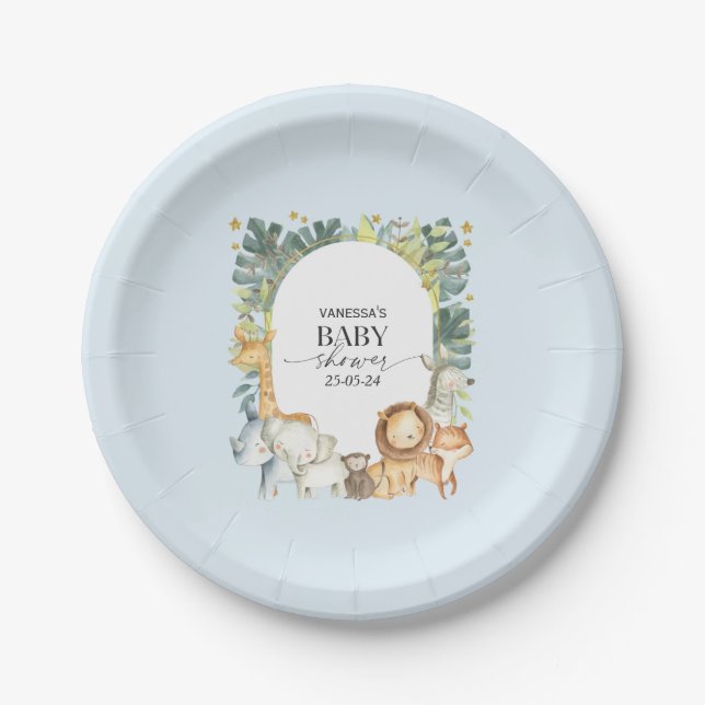Assiettes En Carton Bleu mignon safari garçon baby shower plaque en pa (Devant)