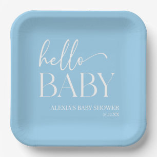 Assiettes En Carton Bleu minimaliste Hello Baby shower bébé