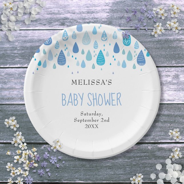 Assiettes En Carton Bleu moderne Raindrops Baby Boy Douche Sprinkel (Modern Blue Raindrops Baby Boy Shower Sprinkle Paper Plates)