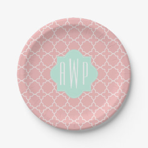 Assiettes En Carton Bleu + Monogramme de corail Quatrefoil