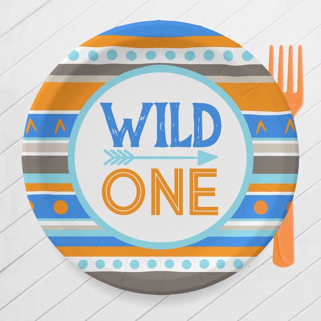 Assiettes En Carton Bleu Motif Sauvage Un 1er Anniversaire Plaques de  (Wild One 1st Birthday Party Paper Plates in Royal Blue, Baby Blue and Orange)
