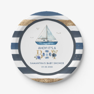 Assiettes En Carton Bleu nautique Ahoy C'est un Baby shower de garçon