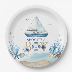 Assiettes En Carton Bleu nautique Ahoy C'est un Baby shower de garçon