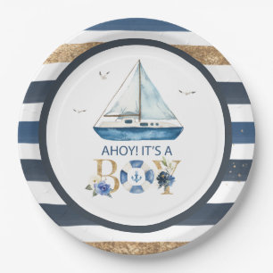 Assiettes En Carton Bleu nautique Ahoy C'est un Baby shower de garçon