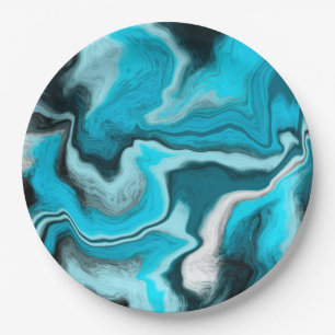 Assiettes En Carton Bleu, noir et Marbre blanc Fluid Art