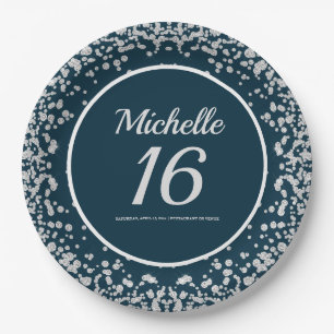 Assiettes En Carton Bleu Nuit Paillettes Argentées 16e Anniversaire
