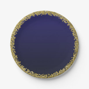 Assiettes En Carton Bleu Nuit Paillettes Dorées Brillant Glamour Fête