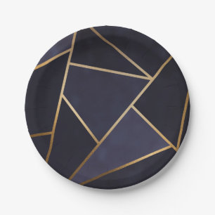 Assiettes En Carton Bleu Nuit Triangles Dorés Géométrique Élégant Clas
