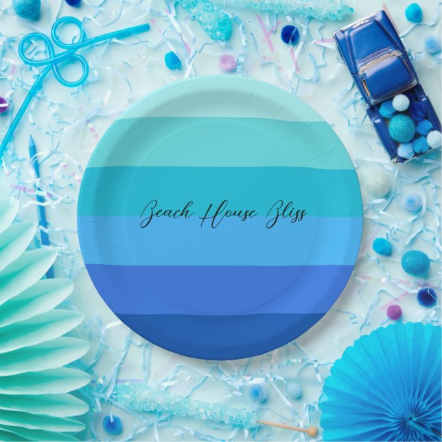 Assiettes En Carton Bleu océan et vert rayé (Fête)