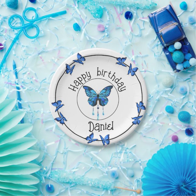 Assiettes En Carton Bleu Papillon Jardin Anniversaire Plaque de papier (Fête)