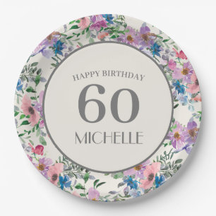 Assiettes En Carton Bleu pastel, rose et floral pour les 60 ans