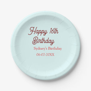 Assiettes En Carton Bleu pastel rouge joyeux 16e anniversaire nom date