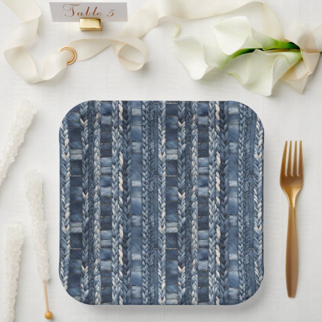 Assiettes En Carton Bleu Perdu Et Tressé Jean Denim (Mariage)