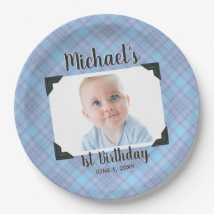Assiettes En Carton Bleu Plaid 1er Anniversaire Photo Avec Nom Et Date