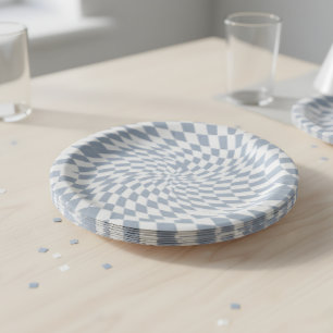 Assiettes En Carton Bleu Poussière & Crème Tourbillon Damier Hypnotiqu