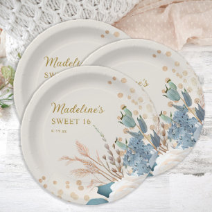 Assiettes En Carton Bleu Poussiéreux Blanc Floral Pailleté Or Douce 16