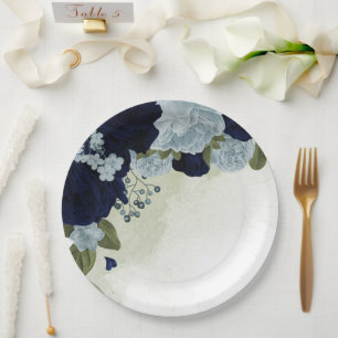 Assiettes En Carton bleu poussiéreux et bleu marine fleurs verdure